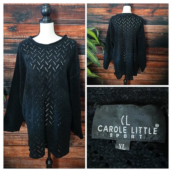 Carole Little Sport Vintage Sweater XL Black Chenille Open Knit Soft Velvety - Picture 1 of 10